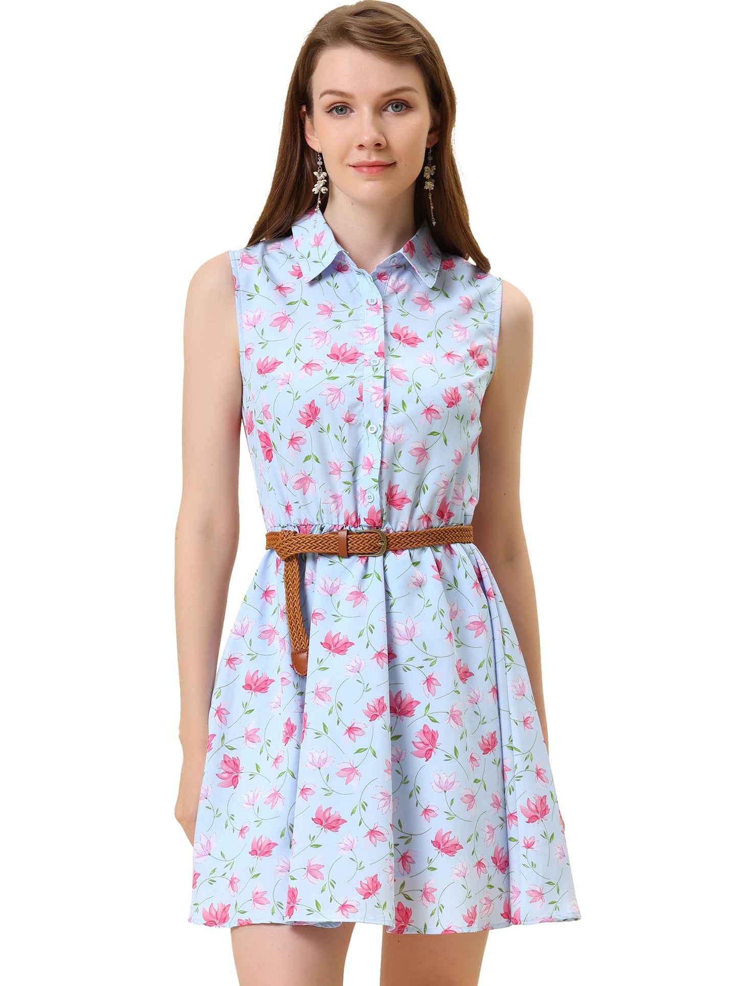 Women's Floral Printed Half Placket Above Knee Summer Sleeveless Belted Dress