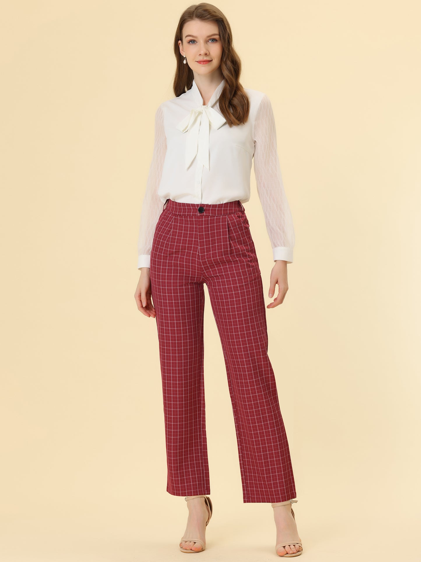 Pantalones a cuadros para mujer, cintura elástica, informales, para trabajo y oficina