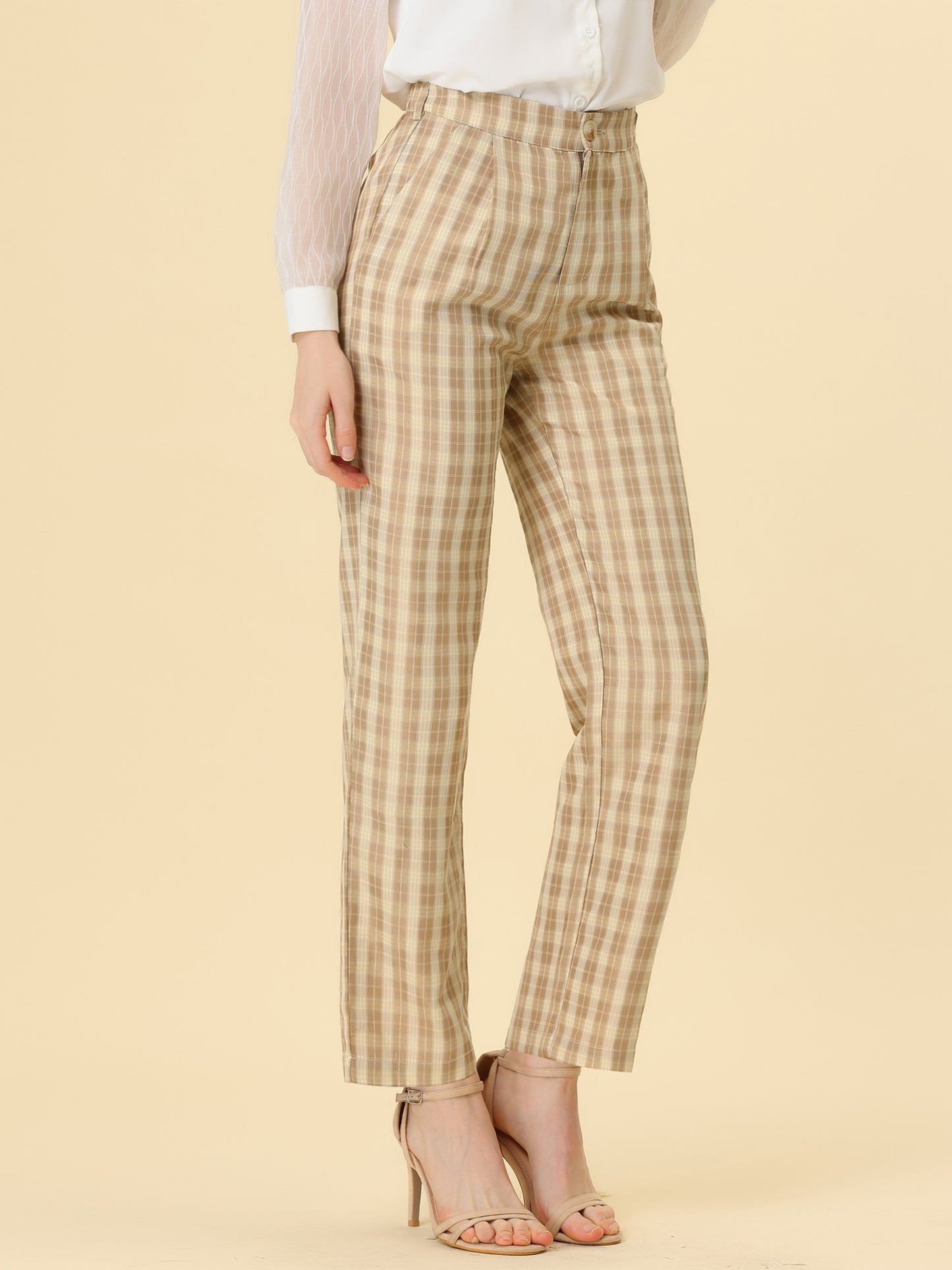 Women's Plaid Pants Elastic Waist Casual Work Office Long Trousers