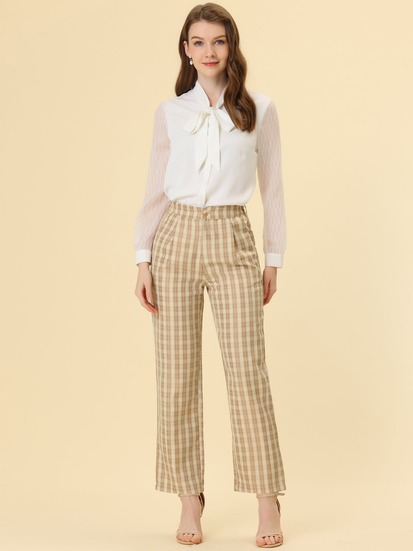 Women's Plaid Pants Elastic Waist Casual Work Office Long Trousers