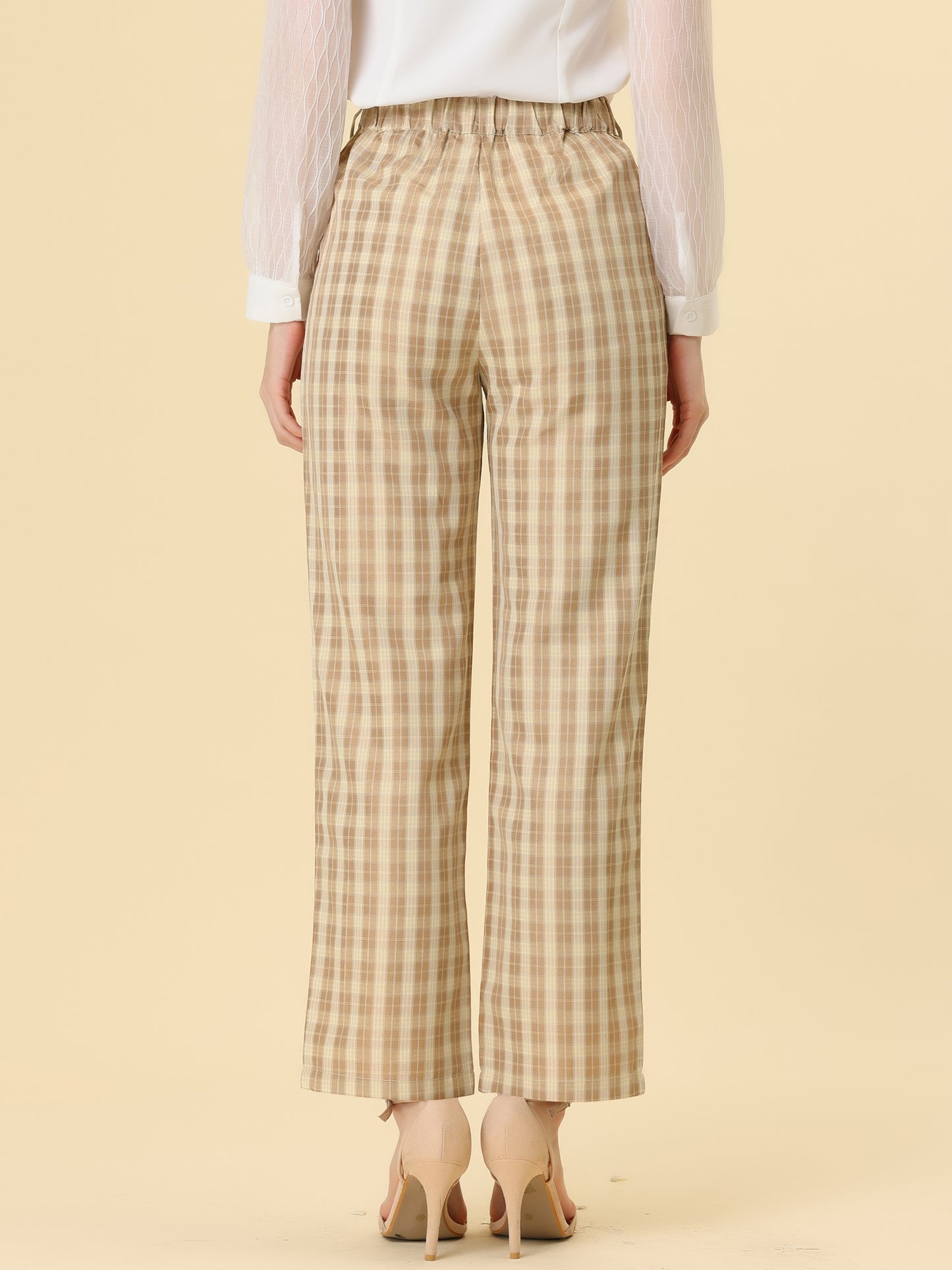 Women's Plaid Pants Elastic Waist Casual Work Office Long Trousers