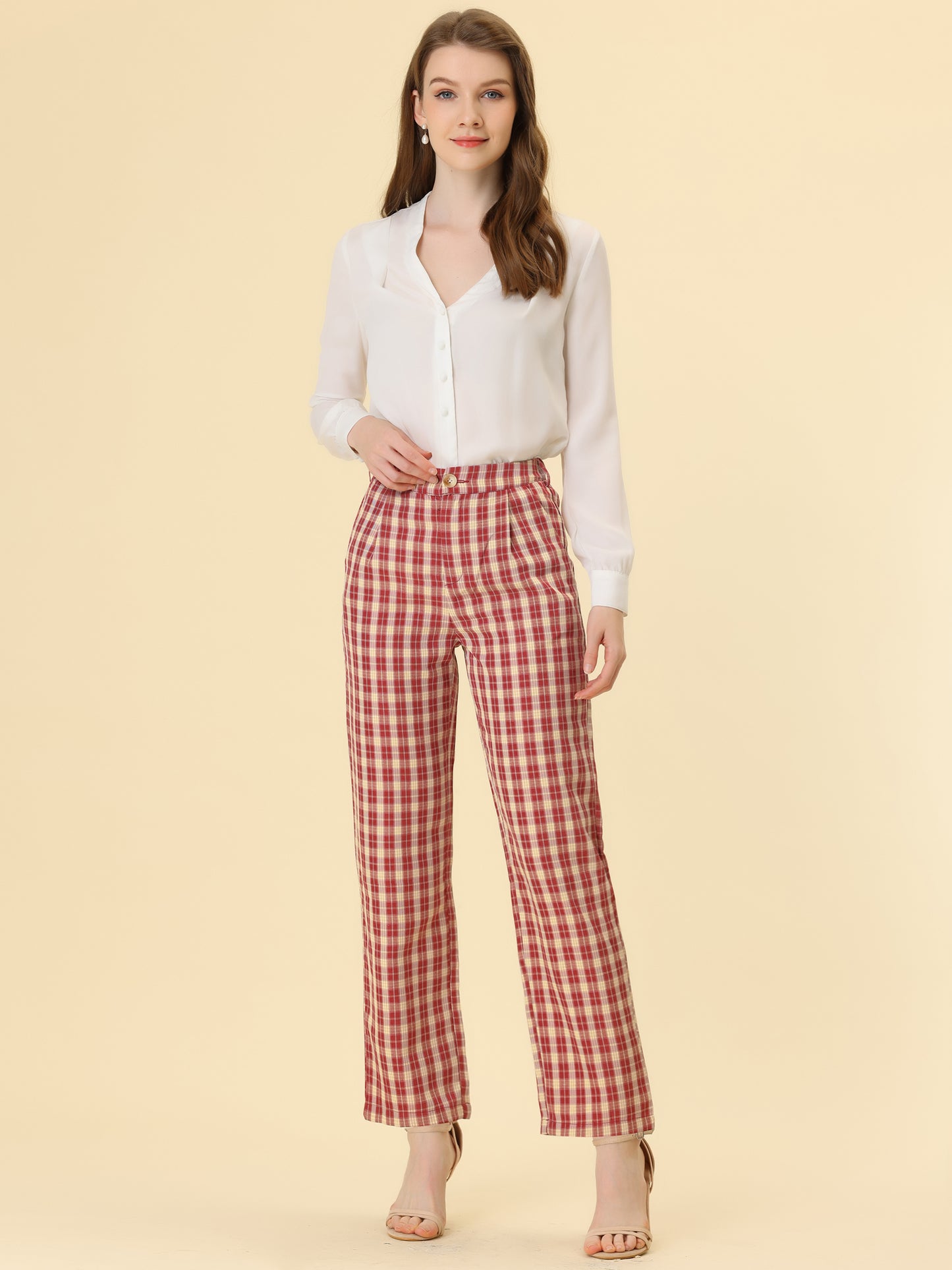 Women's Plaid Pants Elastic Waist Casual Work Office Long Trousers