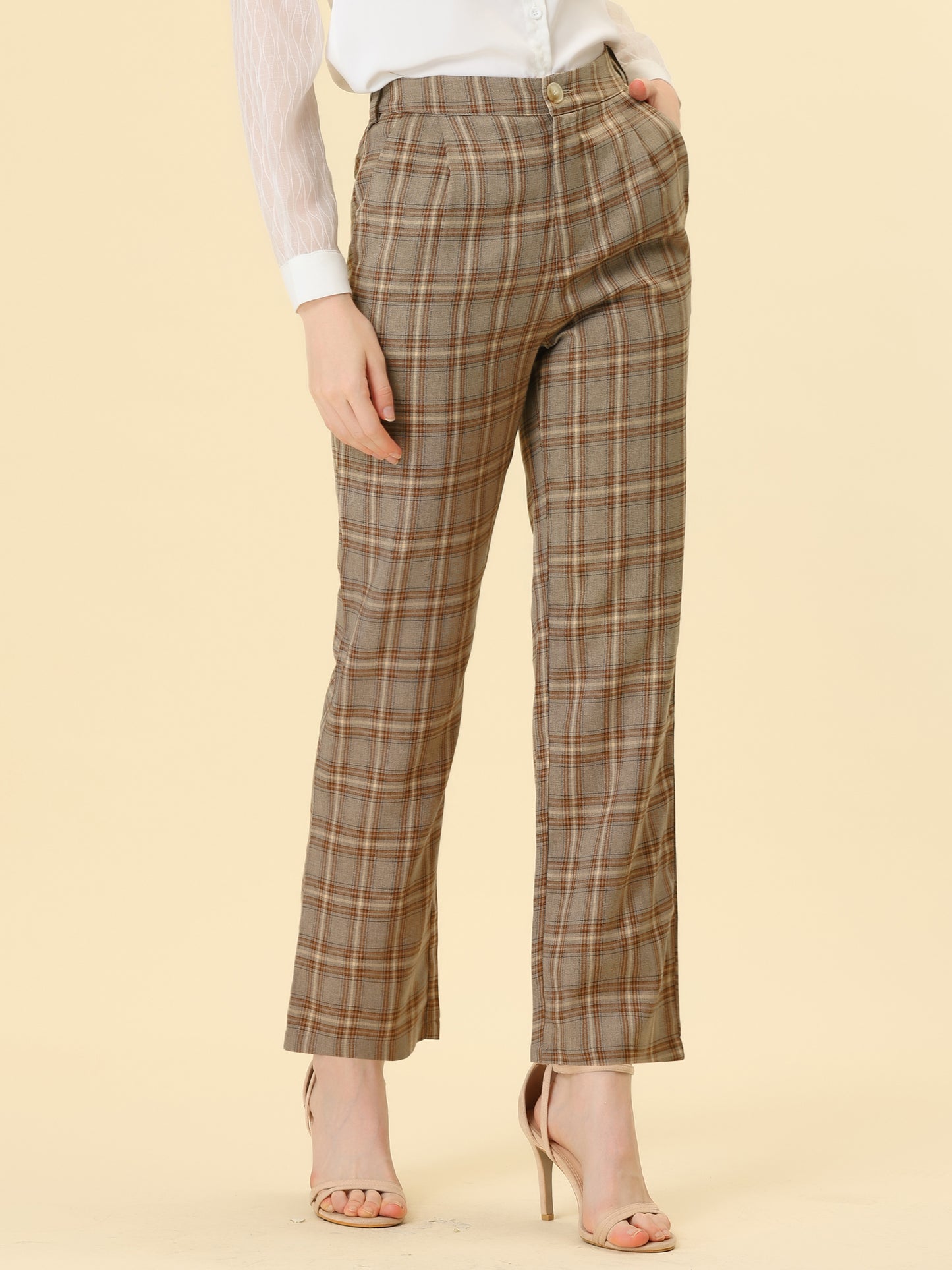 Women's Plaid Pants Elastic Waist Casual Work Office Long Trousers