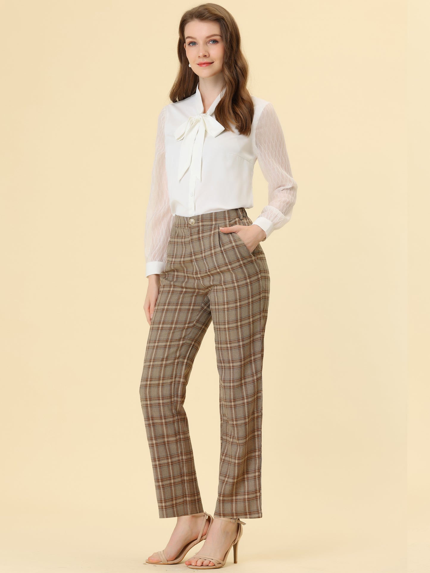 Women's Plaid Pants Elastic Waist Casual Work Office Long Trousers