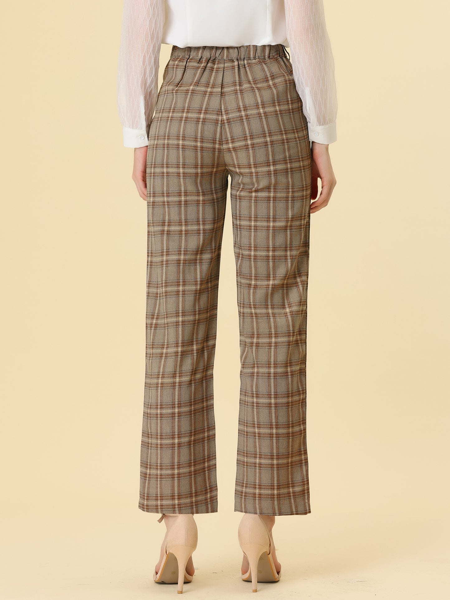 Women's Plaid Pants Elastic Waist Casual Work Office Long Trousers