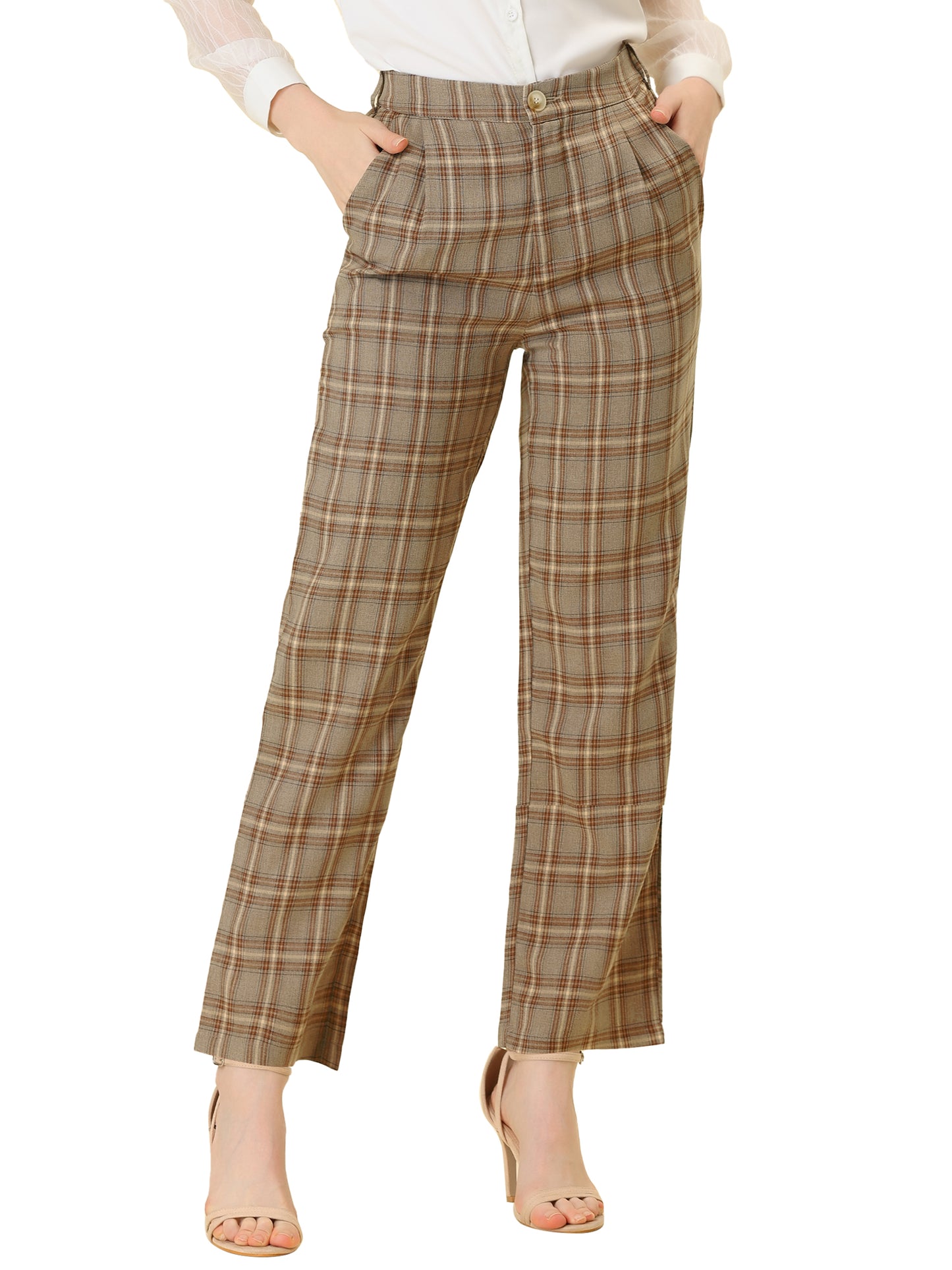 Women's Plaid Pants Elastic Waist Casual Work Office Long Trousers