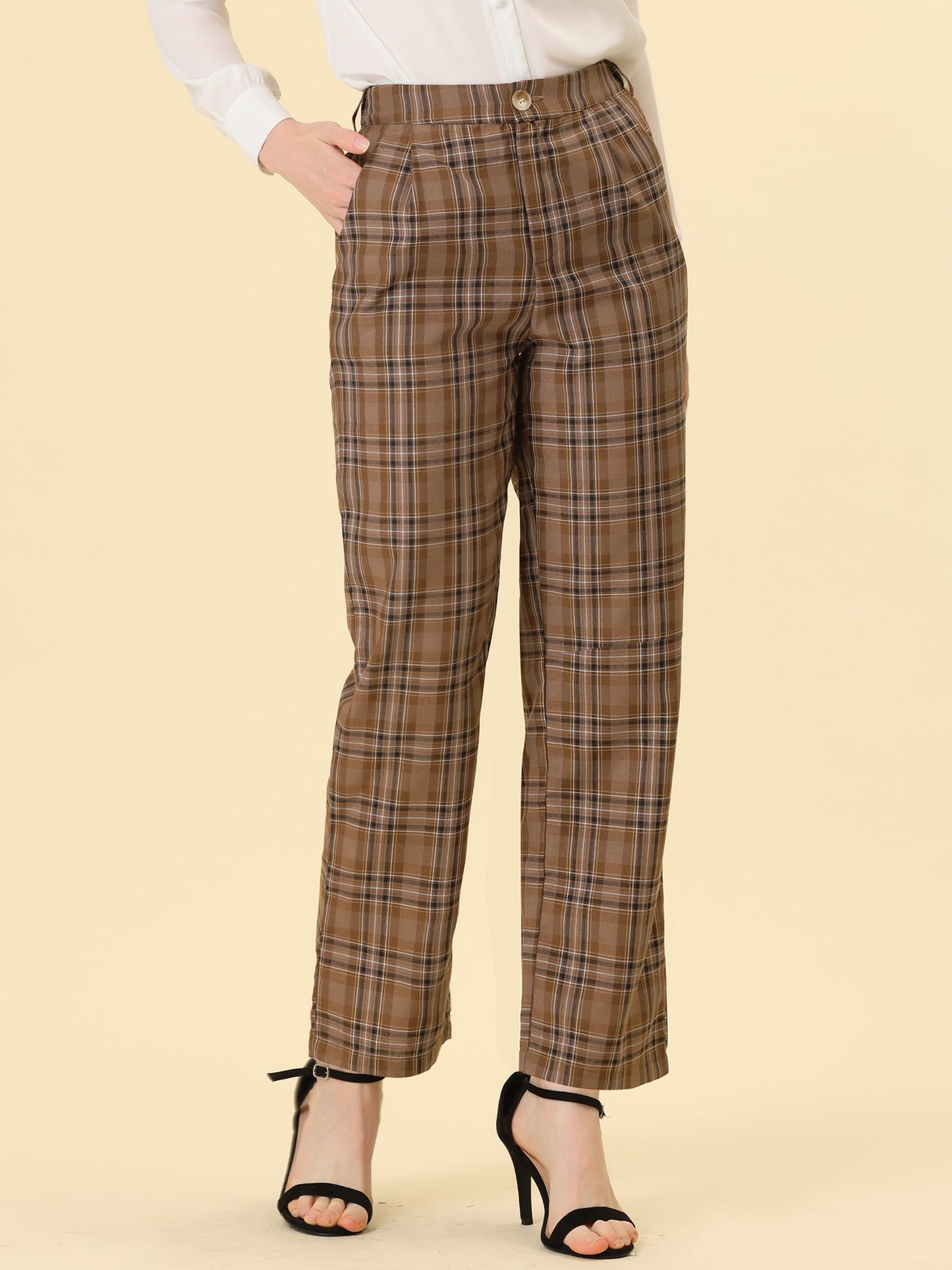 Pantalones a cuadros para mujer, cintura elástica, informales, para trabajo y oficina