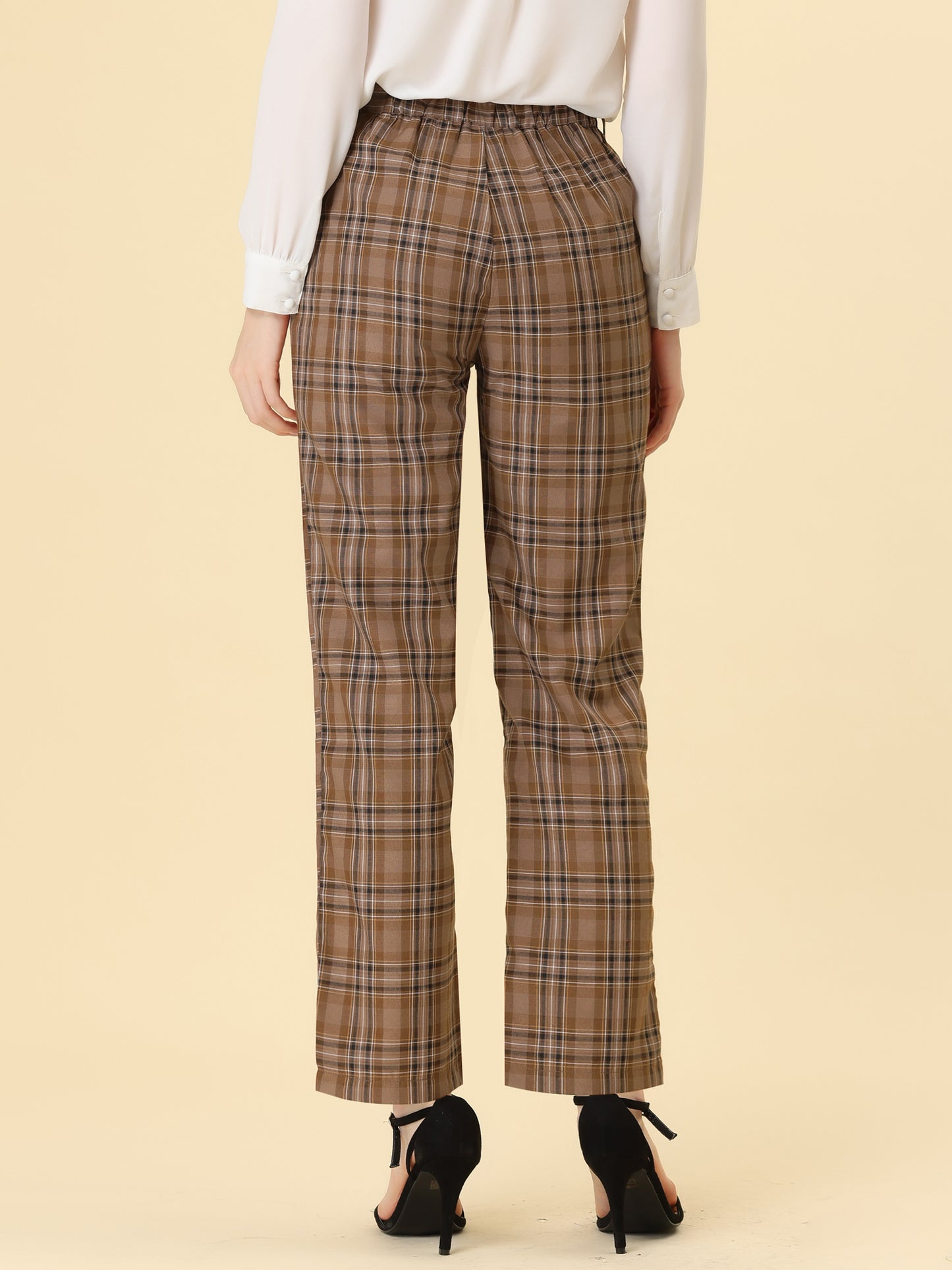 Pantalones a cuadros para mujer, cintura elástica, informales, para trabajo y oficina