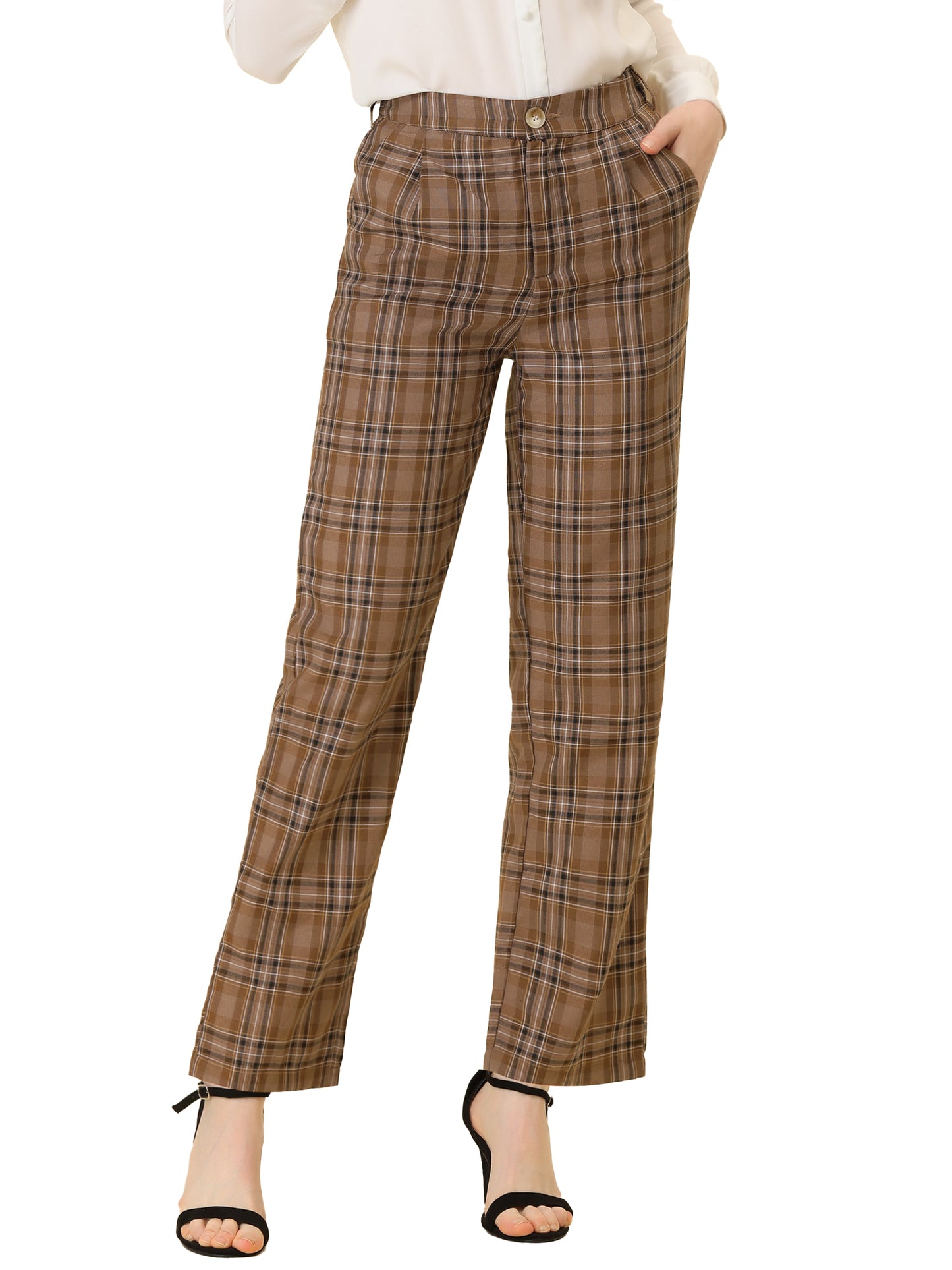 Pantalones a cuadros para mujer, cintura elástica, informales, para trabajo y oficina