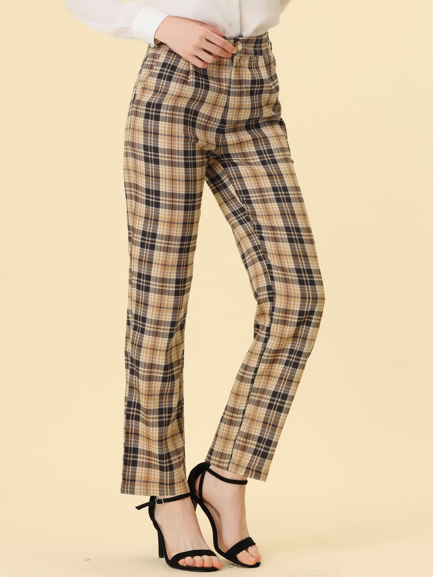 Women's Plaid Pants Elastic Waist Casual Work Office Long Trousers