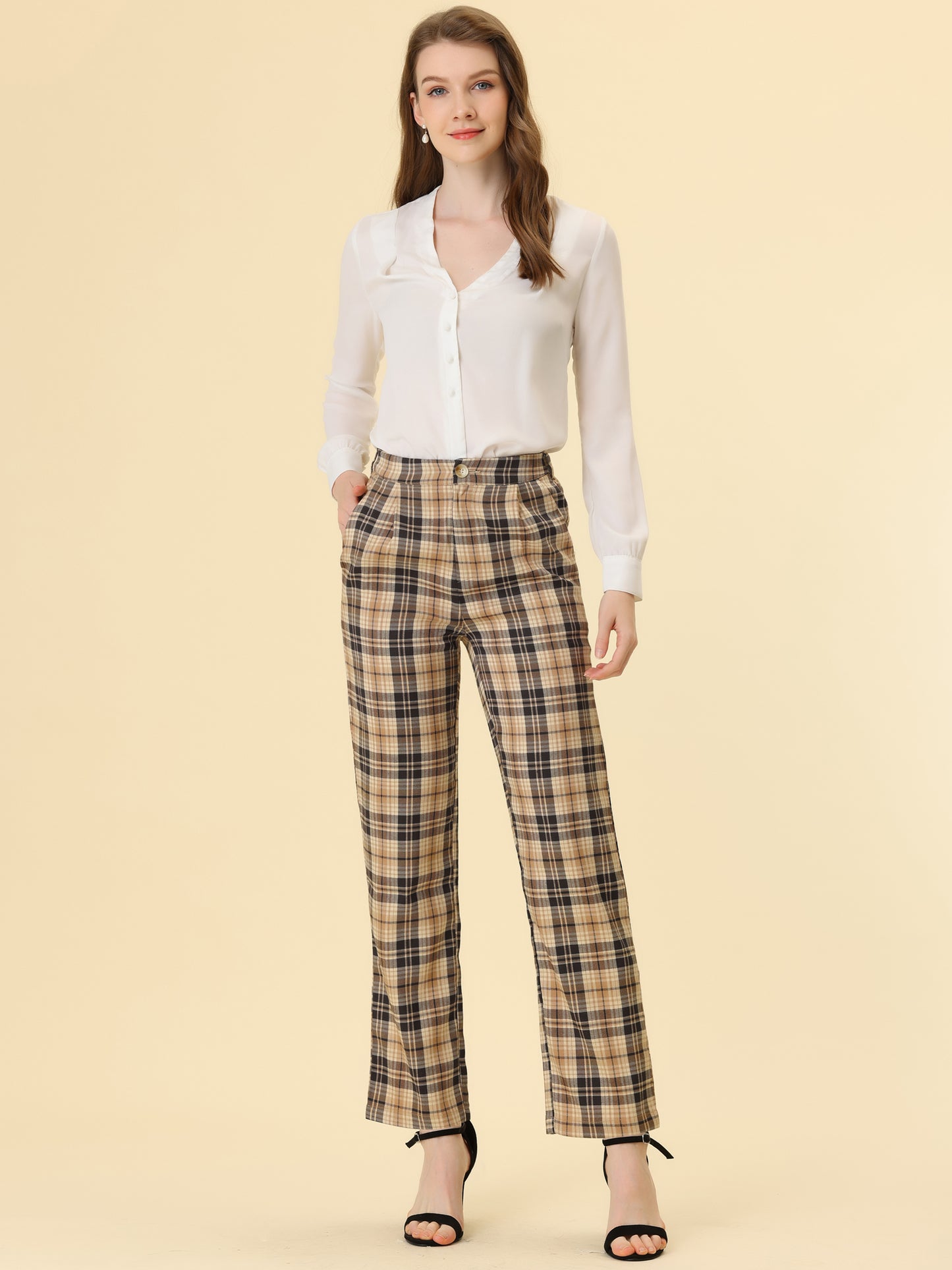 Women's Plaid Pants Elastic Waist Casual Work Office Long Trousers