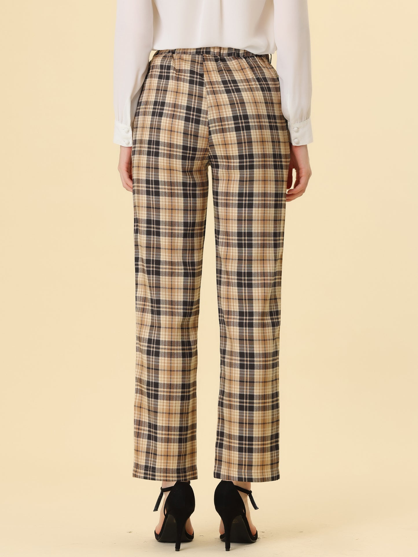 Women's Plaid Pants Elastic Waist Casual Work Office Long Trousers