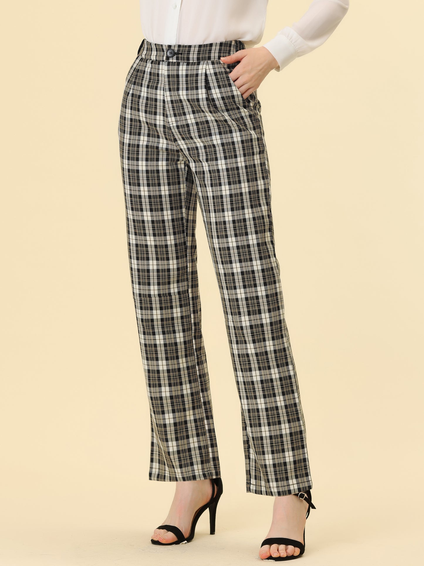 Women's Plaid Pants Elastic Waist Casual Work Office Long Trousers