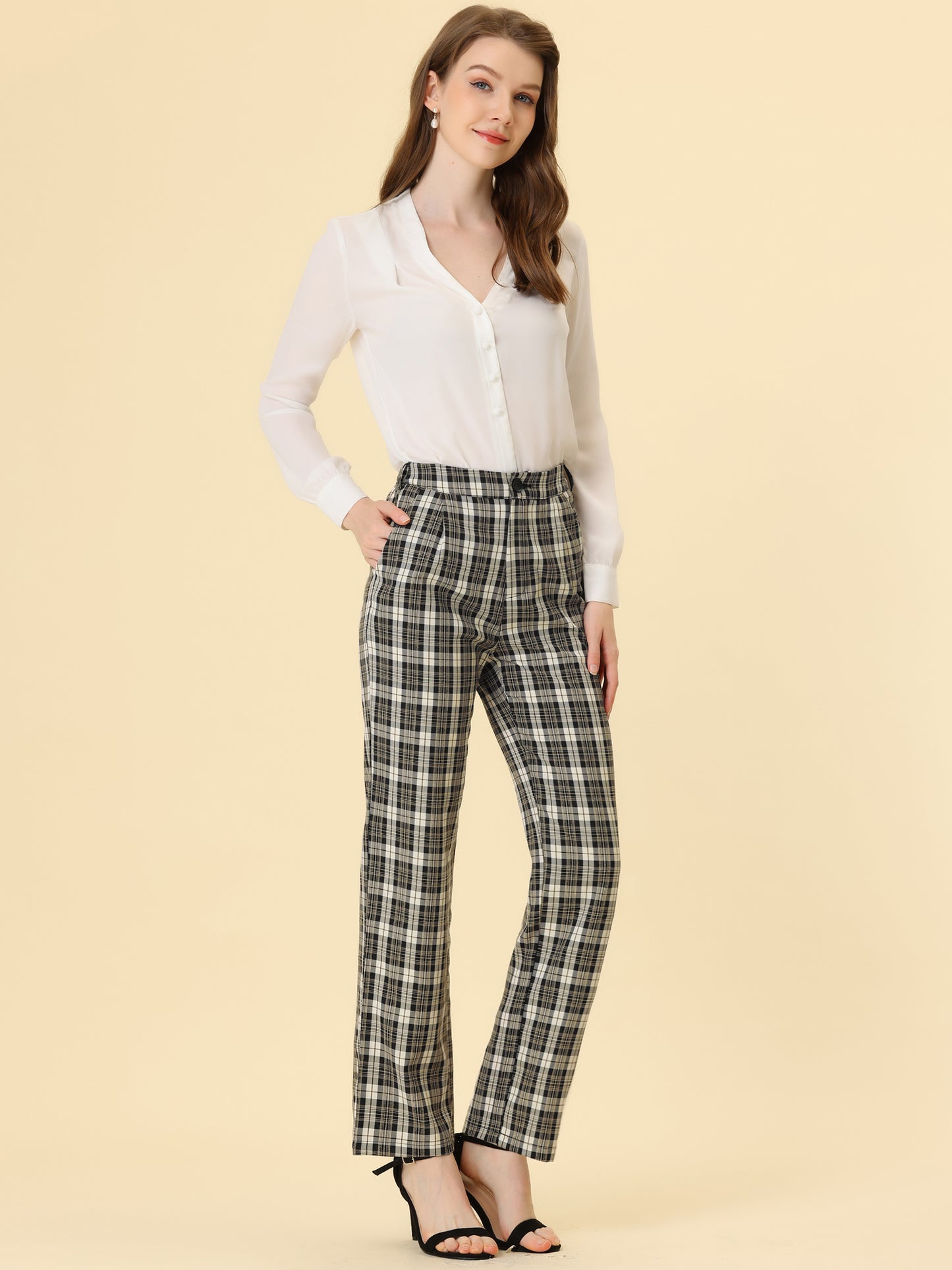 Women's Plaid Pants Elastic Waist Casual Work Office Long Trousers