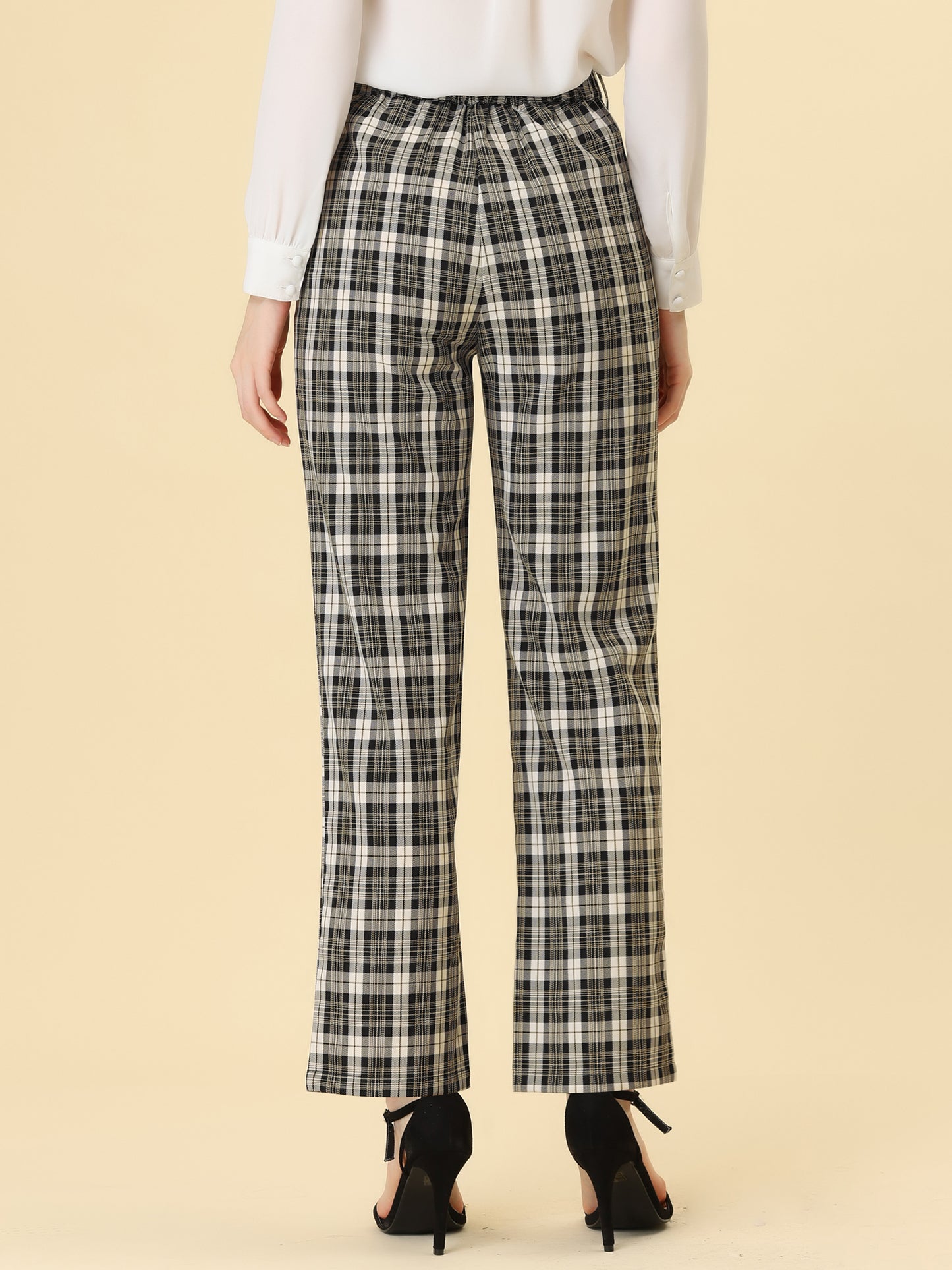 Women's Plaid Pants Elastic Waist Casual Work Office Long Trousers
