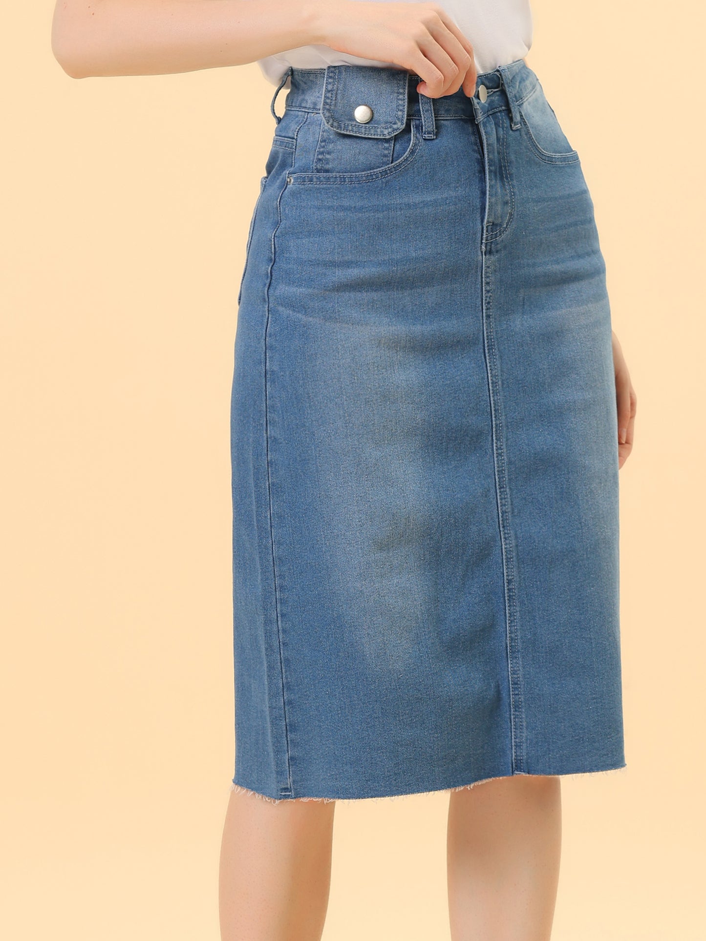 Women's Casual Jean Skirt High Waist Back Slit Stretch Denim Skirt (Available in Plus Size)