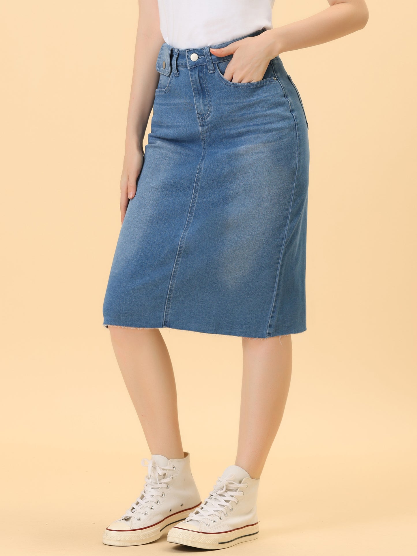 Women's Casual Jean Skirt High Waist Back Slit Stretch Denim Skirt (Available in Plus Size)
