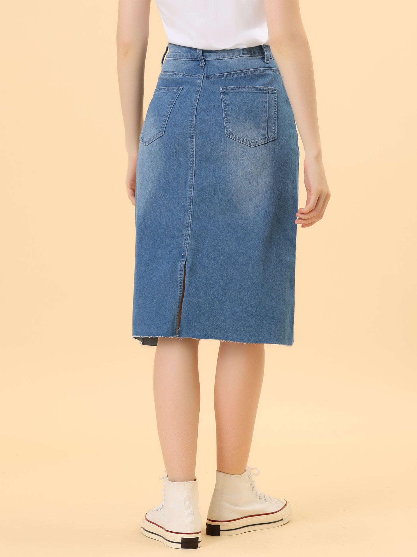 Women's Casual Jean Skirt High Waist Back Slit Stretch Denim Skirt (Available in Plus Size)