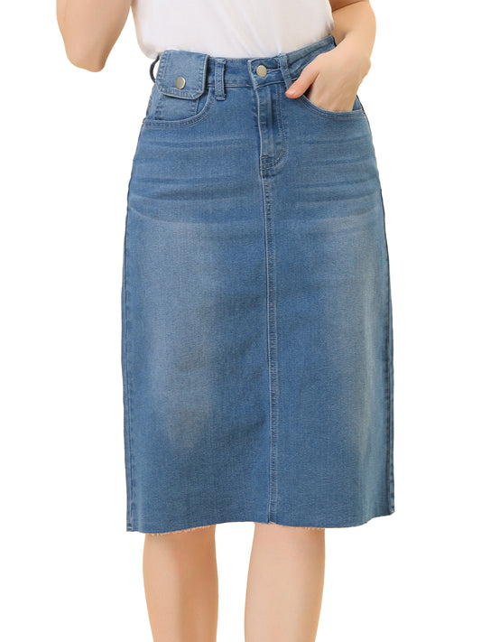 Women's Casual Jean Skirt High Waist Back Slit Stretch Denim Skirt (Available in Plus Size)