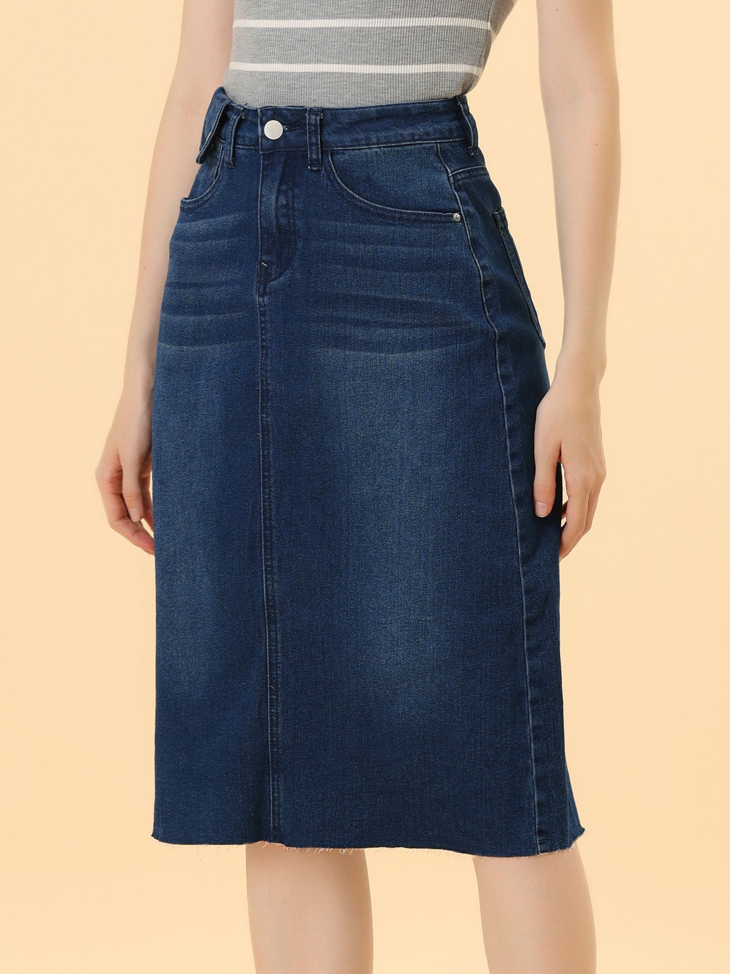 Women's Casual Jean Skirt High Waist Back Slit Stretch Denim Skirt (Available in Plus Size)