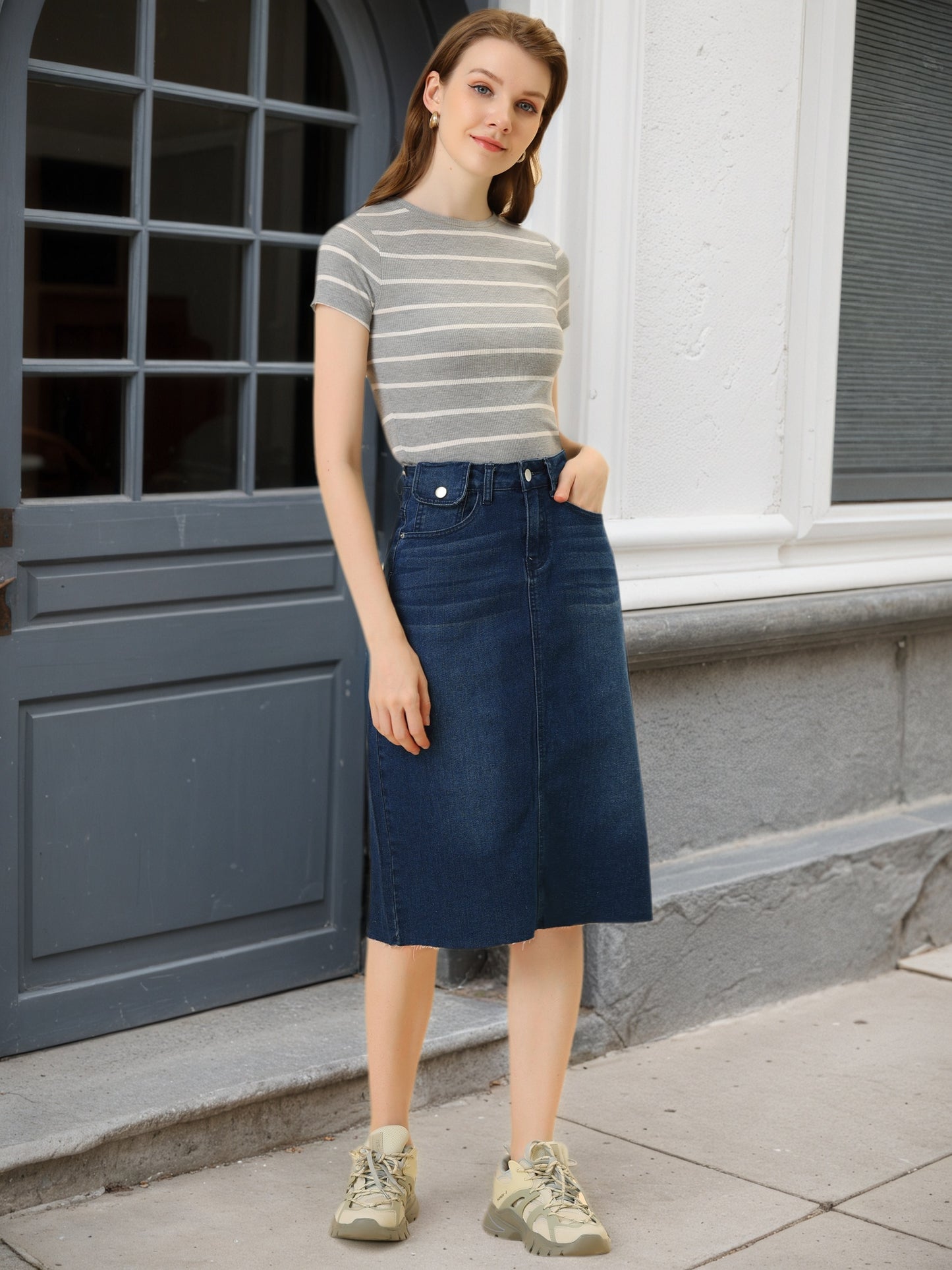 Women's Casual Jean Skirt High Waist Back Slit Stretch Denim Skirt (Available in Plus Size)