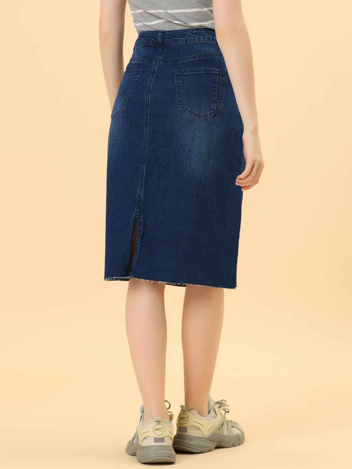 Women's Casual Jean Skirt High Waist Back Slit Stretch Denim Skirt (Available in Plus Size)