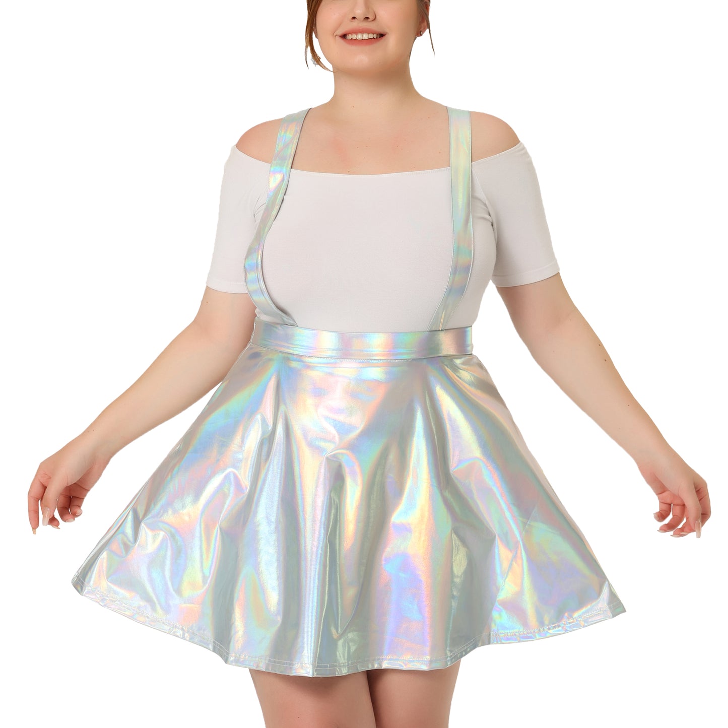 Women Plus Size Shiny Metallic Suspender Skirt High Waisted Holographic Rave Skirt
