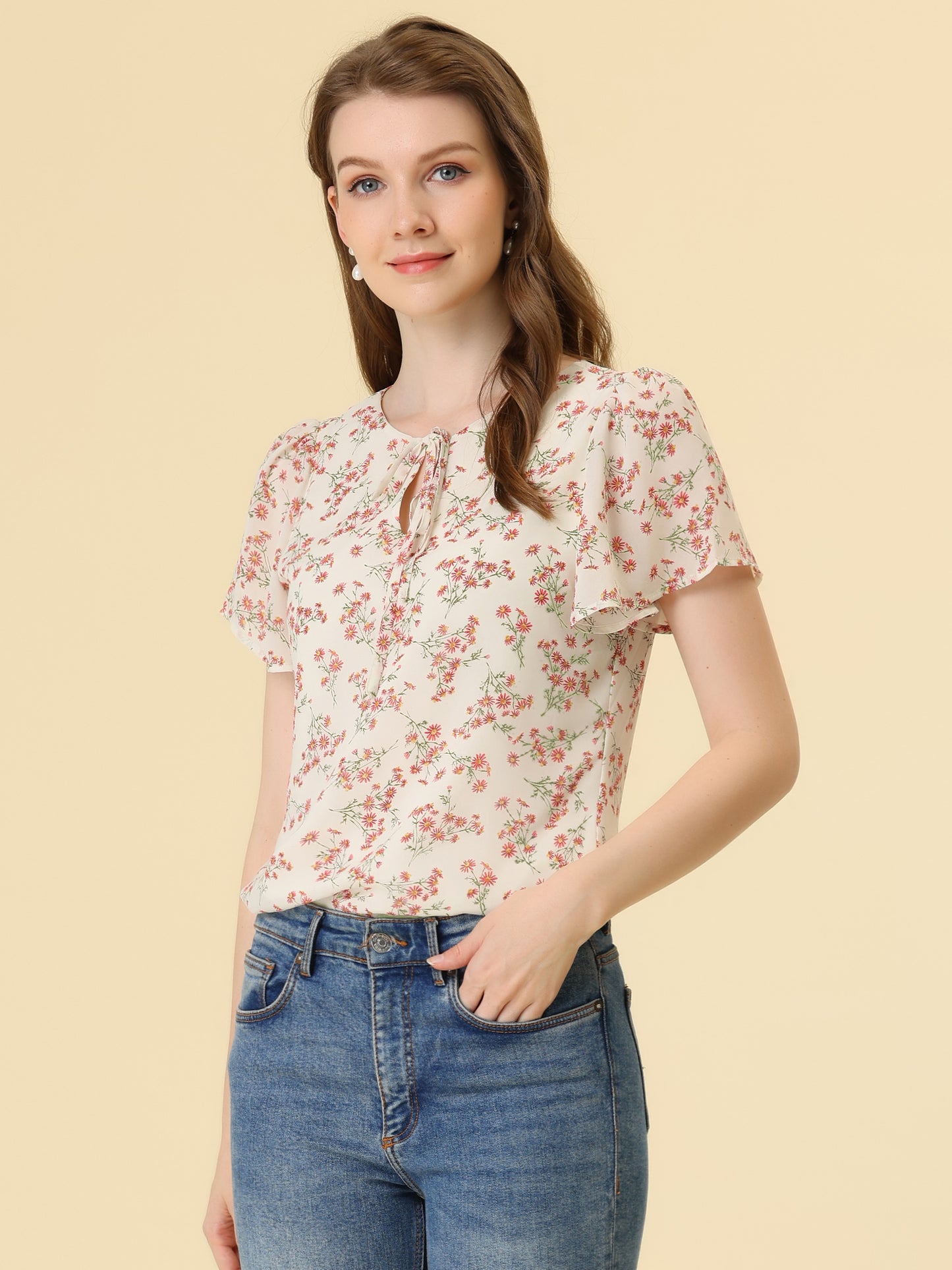 Women's Tie V Neck Flutter Sleeves Elegant Top Floral Blouse