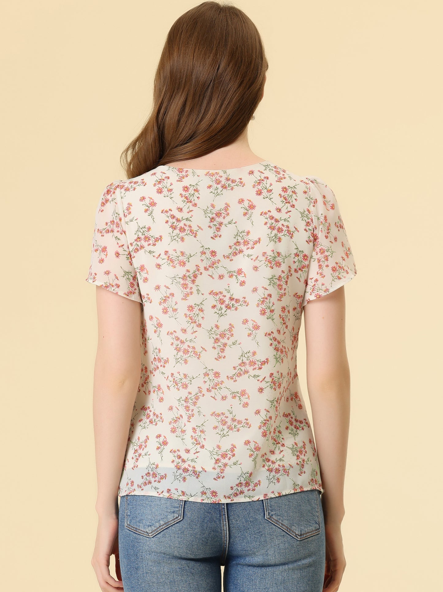 Women's Tie V Neck Flutter Sleeves Elegant Top Floral Blouse