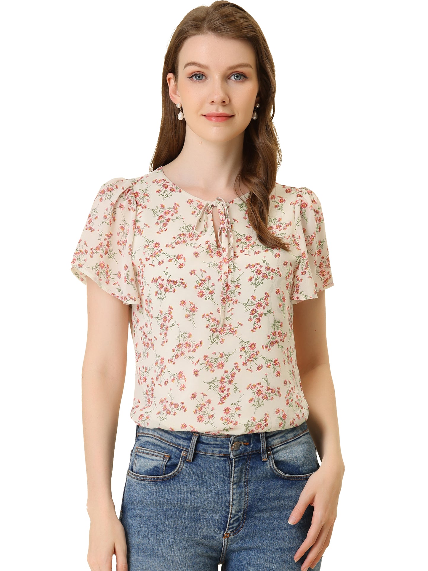 Women's Tie V Neck Flutter Sleeves Elegant Top Floral Blouse