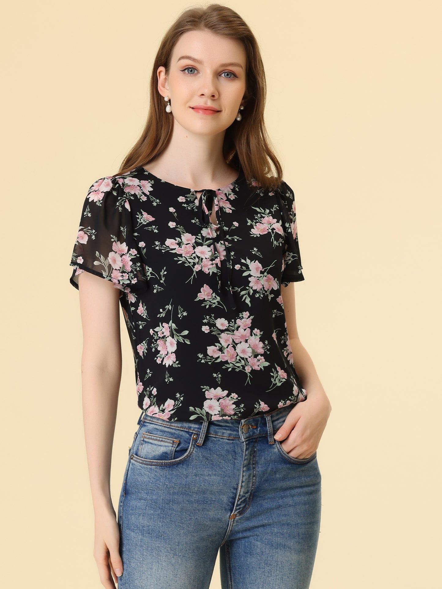 Blusa elegante con cuello en V y mangas abullonadas para mujer con estampado floral