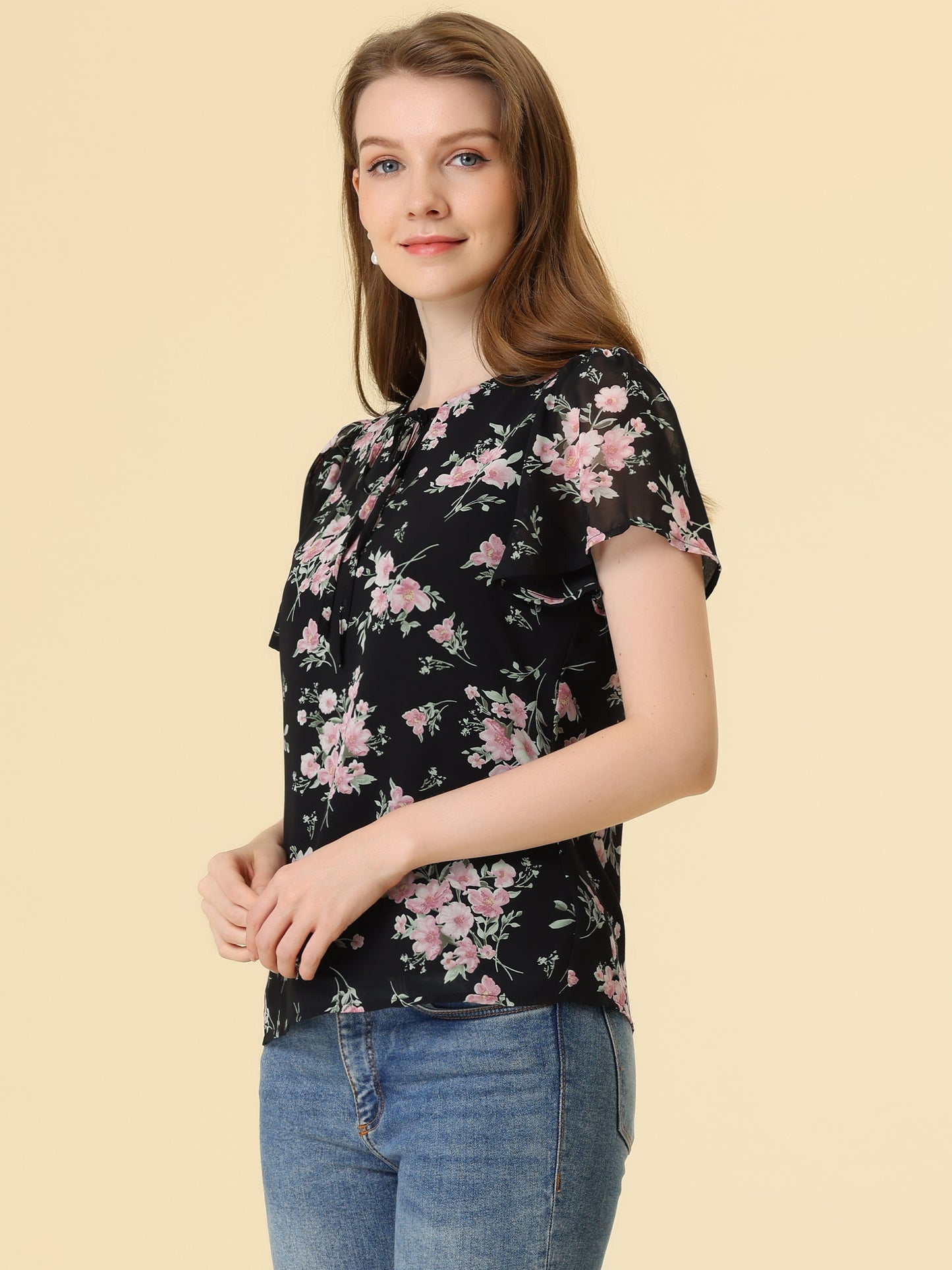 Blusa elegante con cuello en V y mangas abullonadas para mujer con estampado floral
