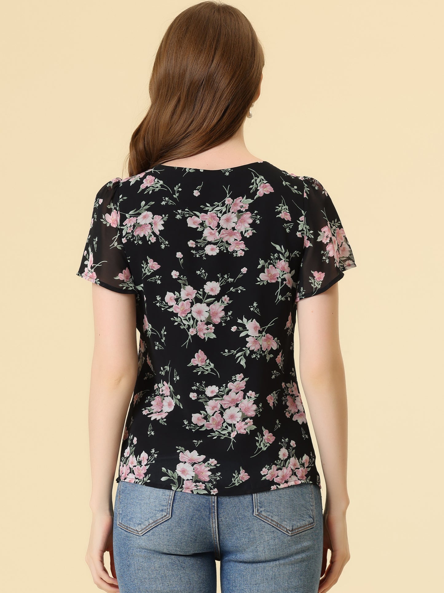 Blusa elegante con cuello en V y mangas abullonadas para mujer con estampado floral