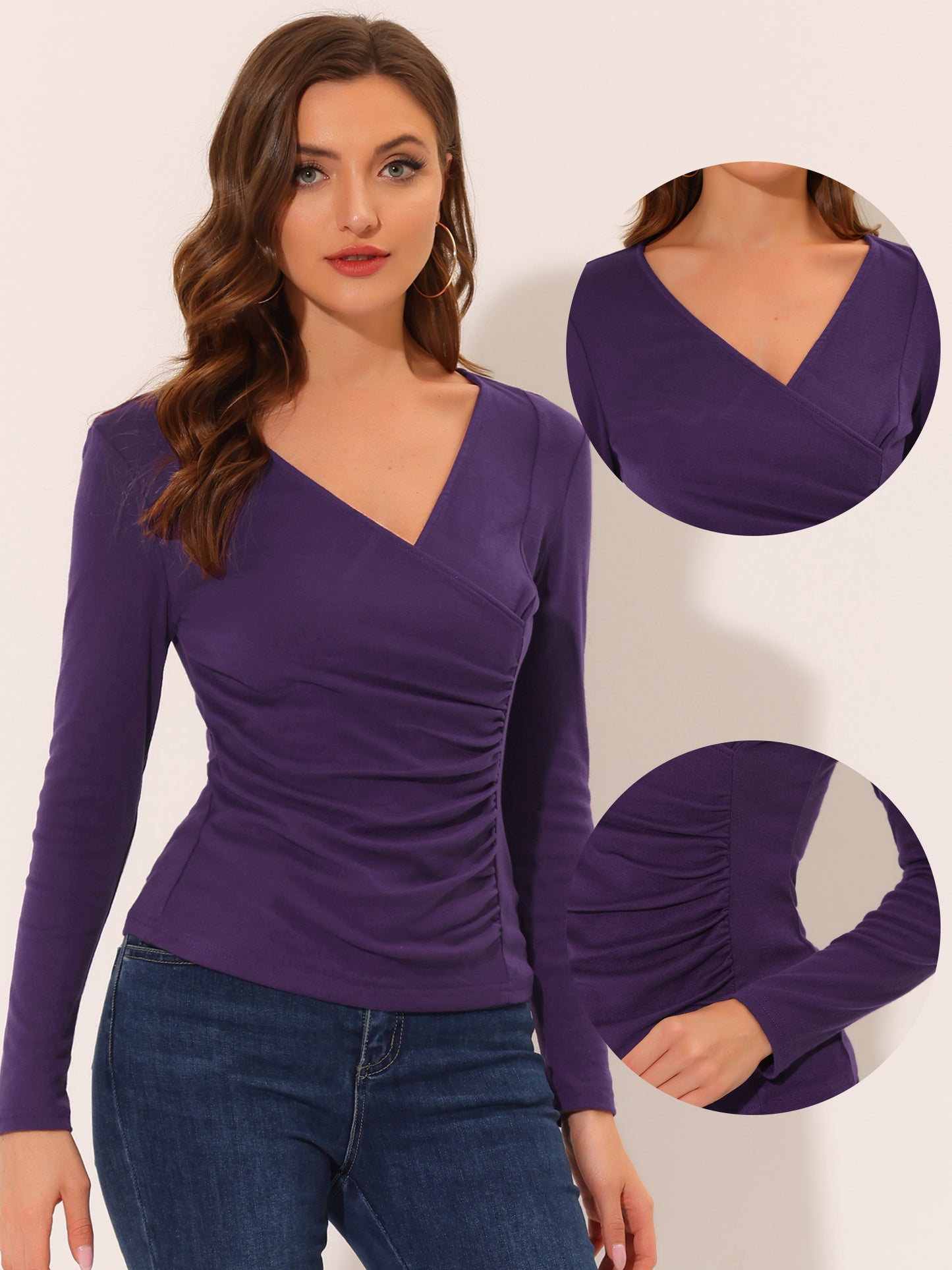 Women's Slim Fit Ruched Wrap Top Long Sleeve Blouse