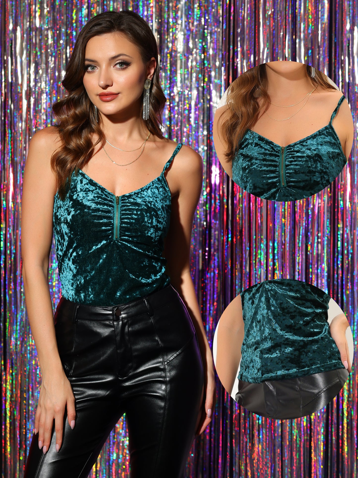 Women's Party Cami Top Velvet Zip Up Spaghetti Strap Halloween Sleeveless Tank Tops
