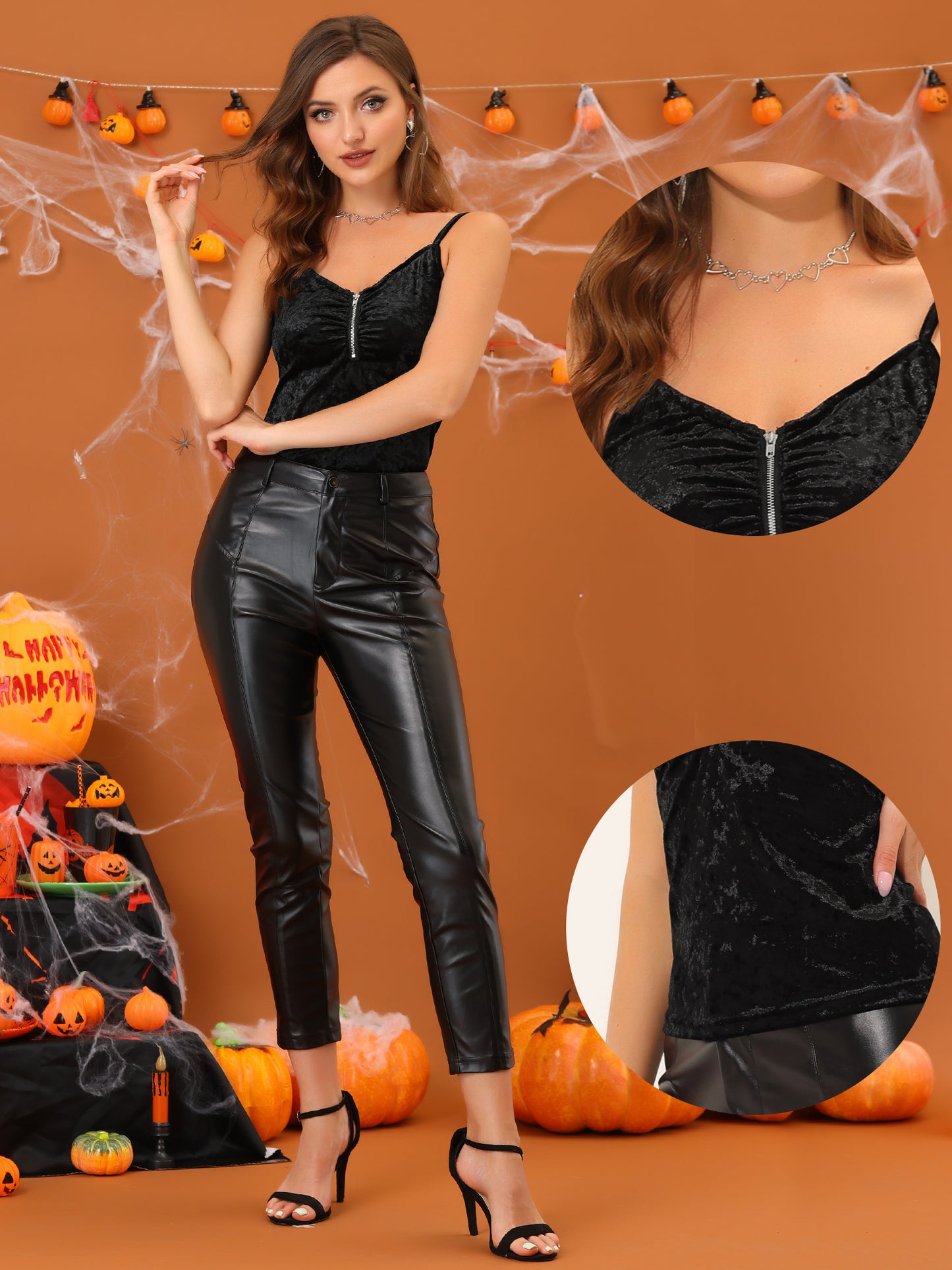 Women's Party Cami Top Velvet Zip Up Spaghetti Strap Halloween Sleeveless Tank Tops