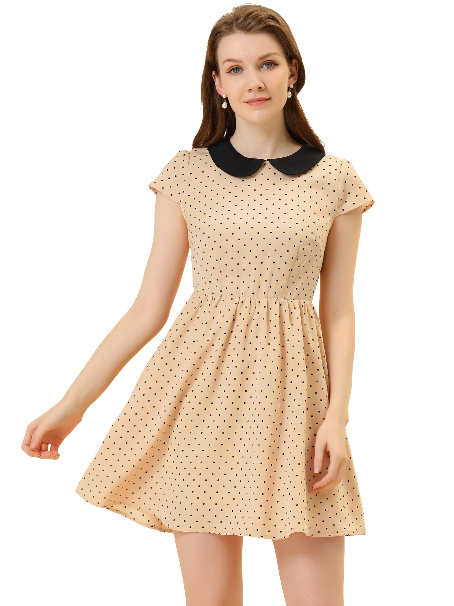 Women's Peter Pan Collar Short Sleeves Contrast A-Line Polka Dots Dress