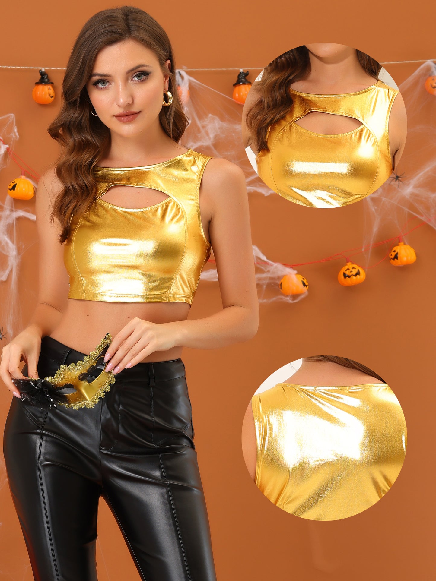 Women's Sleeveless Cut Out Party Clubwear Holographic Tank Metallic Crop Top
