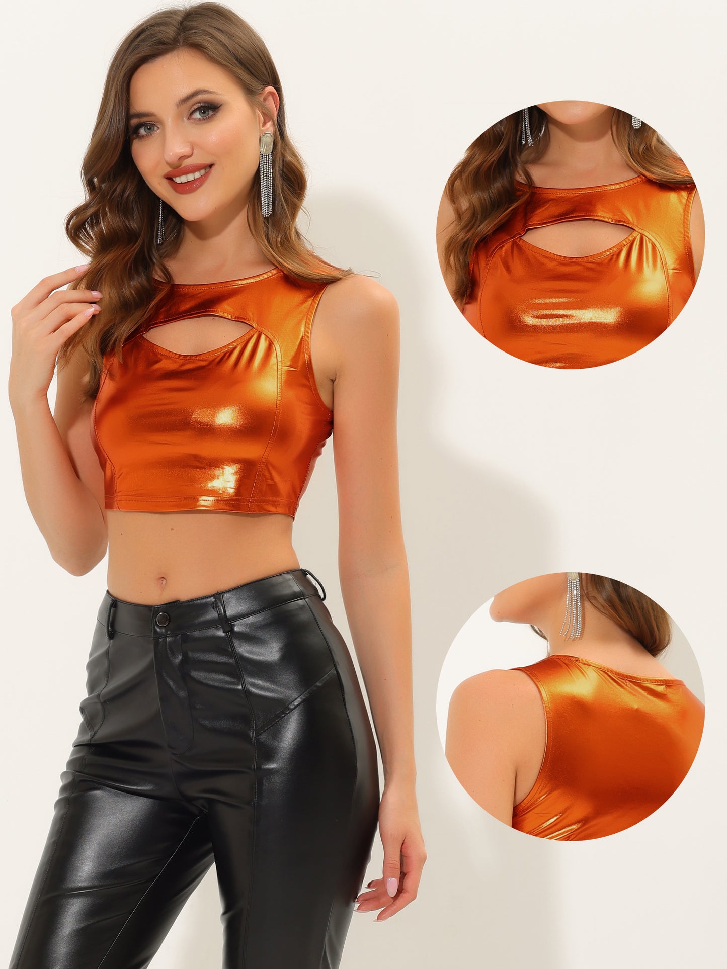 Women's Sleeveless Cut Out Party Clubwear Holographic Tank Metallic Crop Top