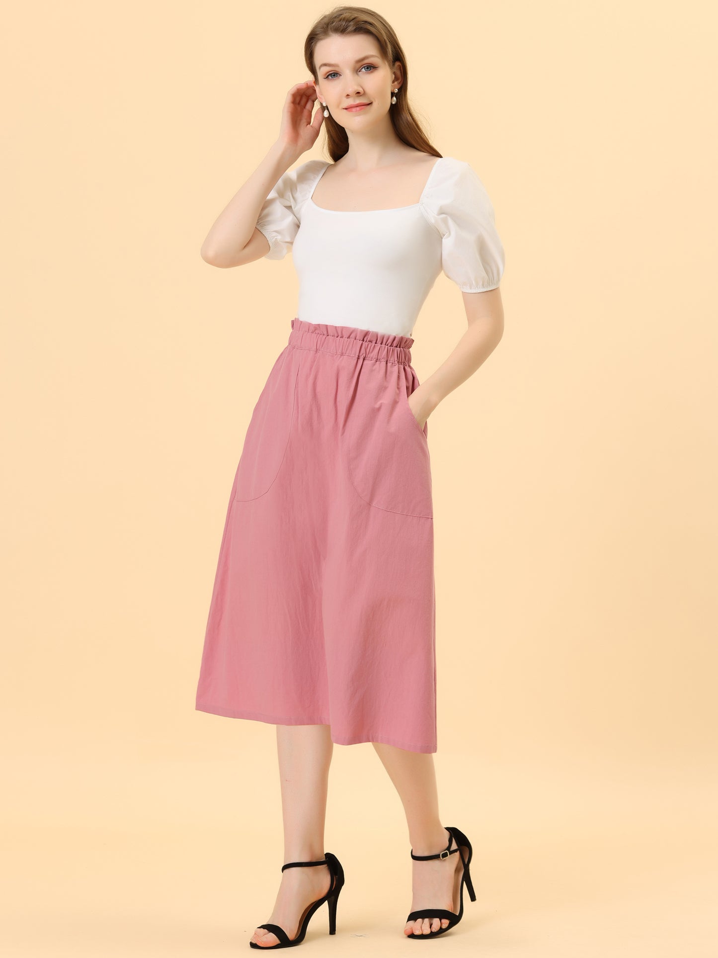 Women's Casual Cotton Skirt Elastic Waist Scrub Peasant A-Line Midi Skirts with Pockets