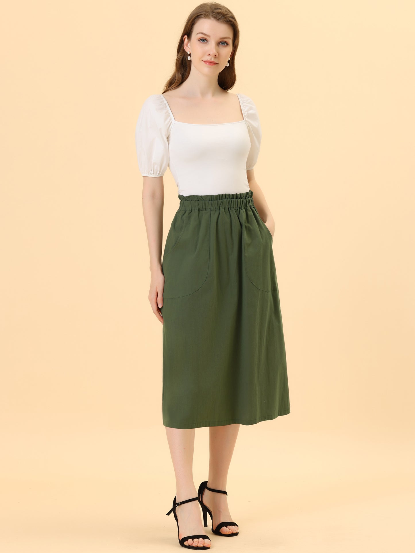 Women's Casual Cotton Skirt Elastic Waist Scrub Peasant A-Line Midi Skirts with Pockets (Available in Plus Size)