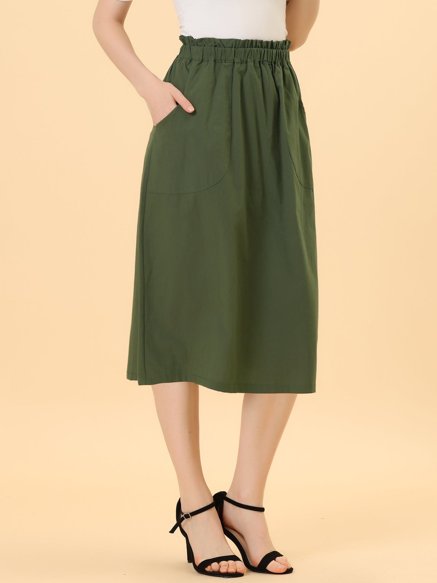 Women's Casual Cotton Skirt Elastic Waist Scrub Peasant A-Line Midi Skirts with Pockets (Available in Plus Size)