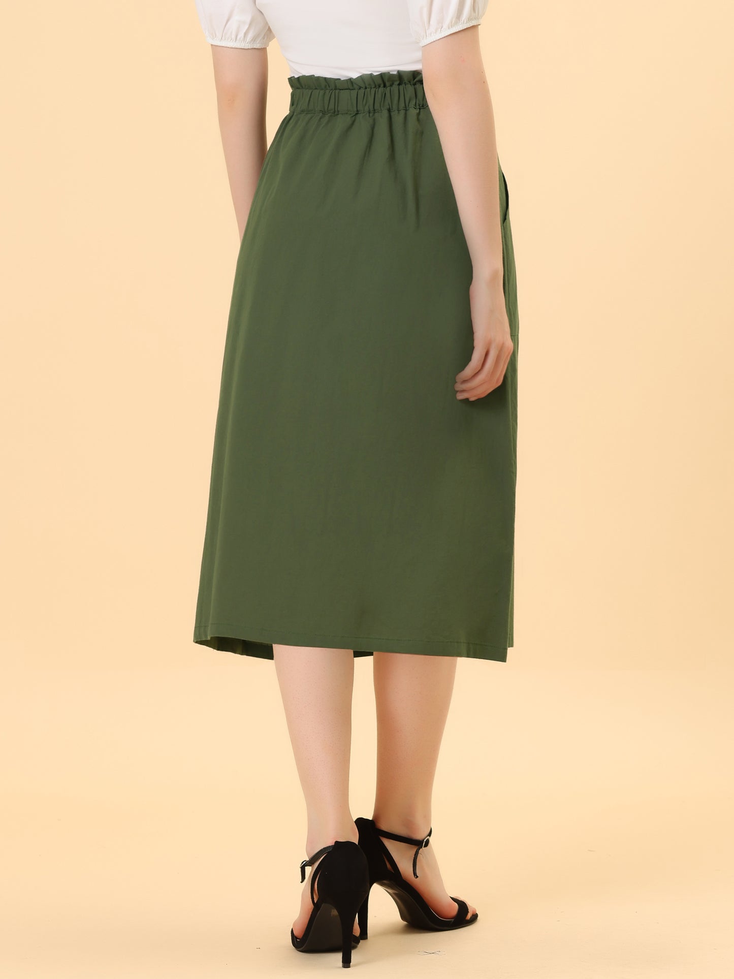 Women's Casual Cotton Skirt Elastic Waist Scrub Peasant A-Line Midi Skirts with Pockets (Available in Plus Size)