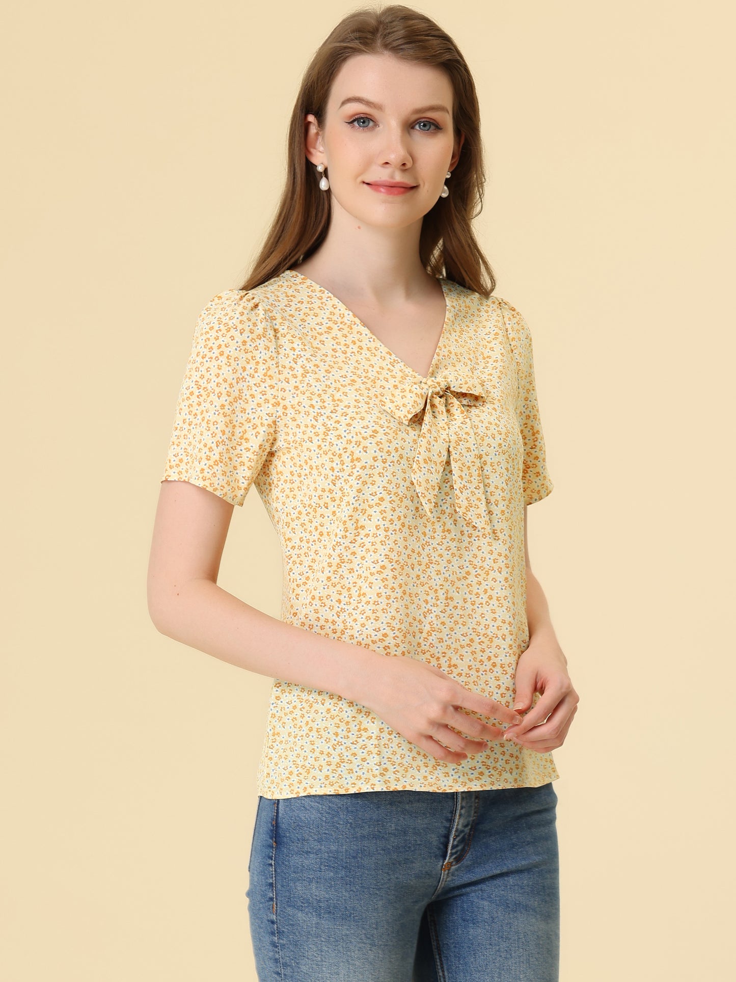 Women's Bow Tie V Neck Short Sleeve Print Blouse