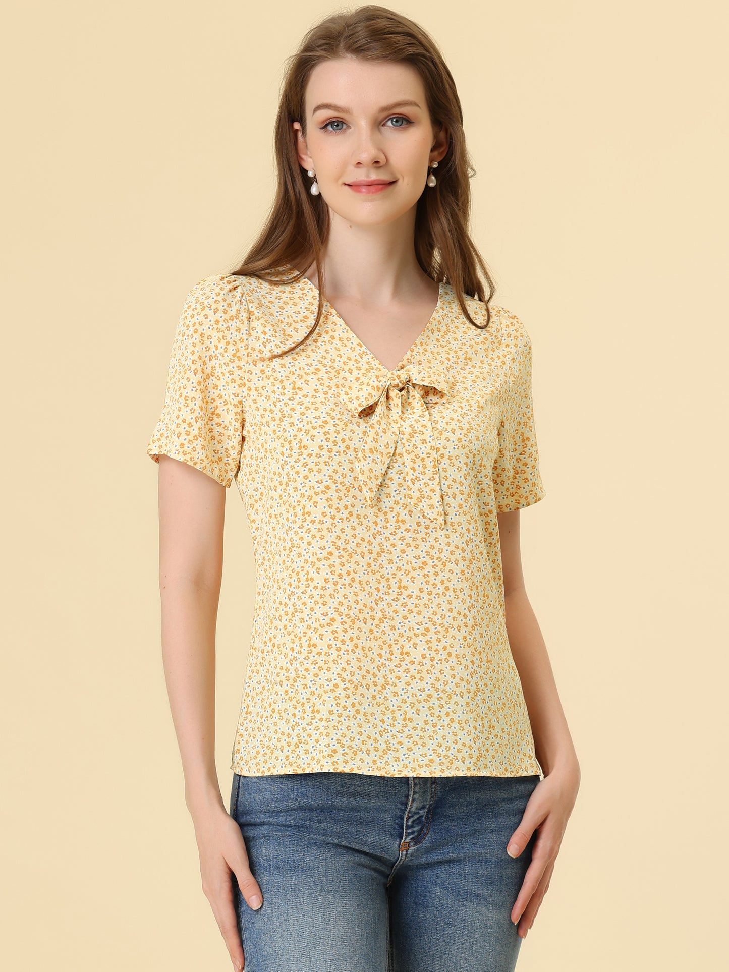 Women's Bow Tie V Neck Short Sleeve Print Blouse