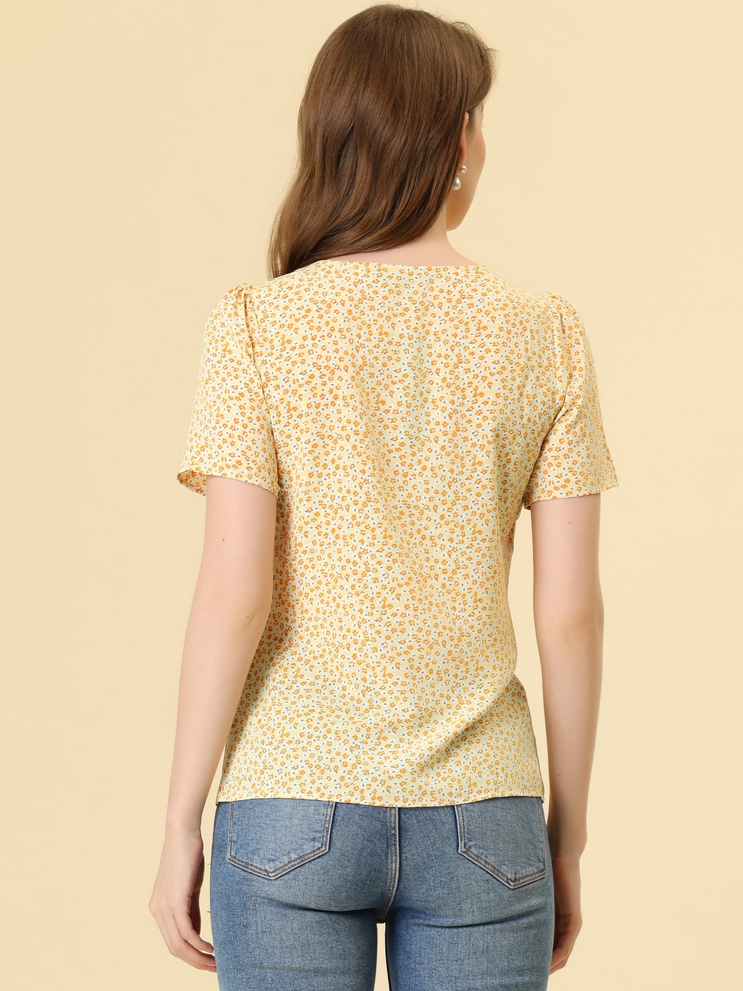 Women's Bow Tie V Neck Short Sleeve Print Blouse