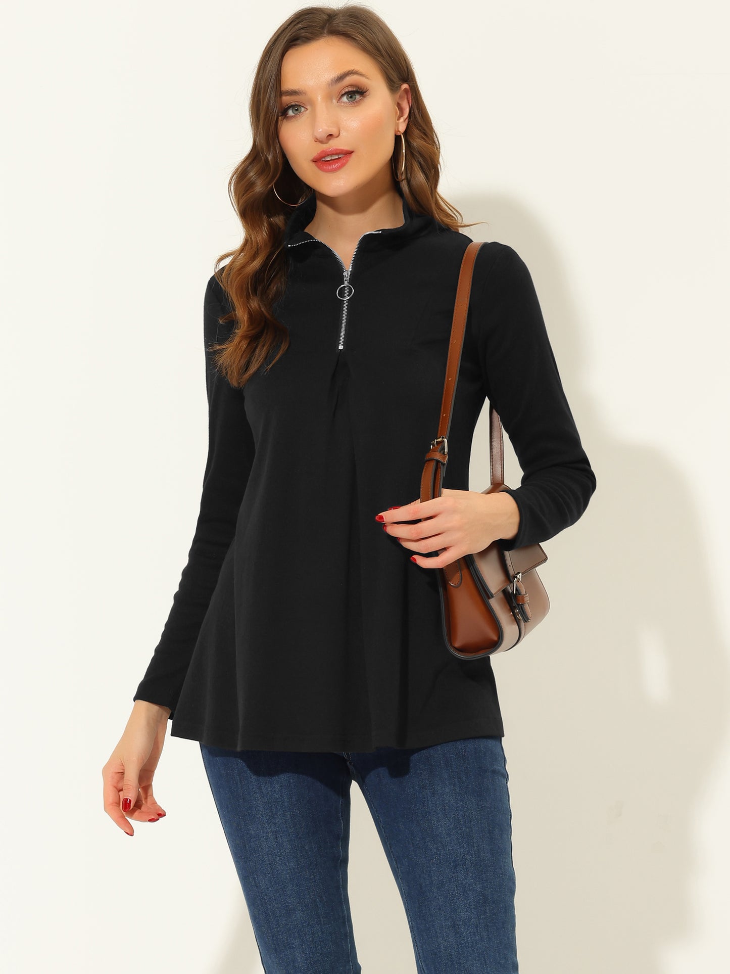Women's Swing Blouse Mock Neck Long Sleeve Zip Up Tunic Top