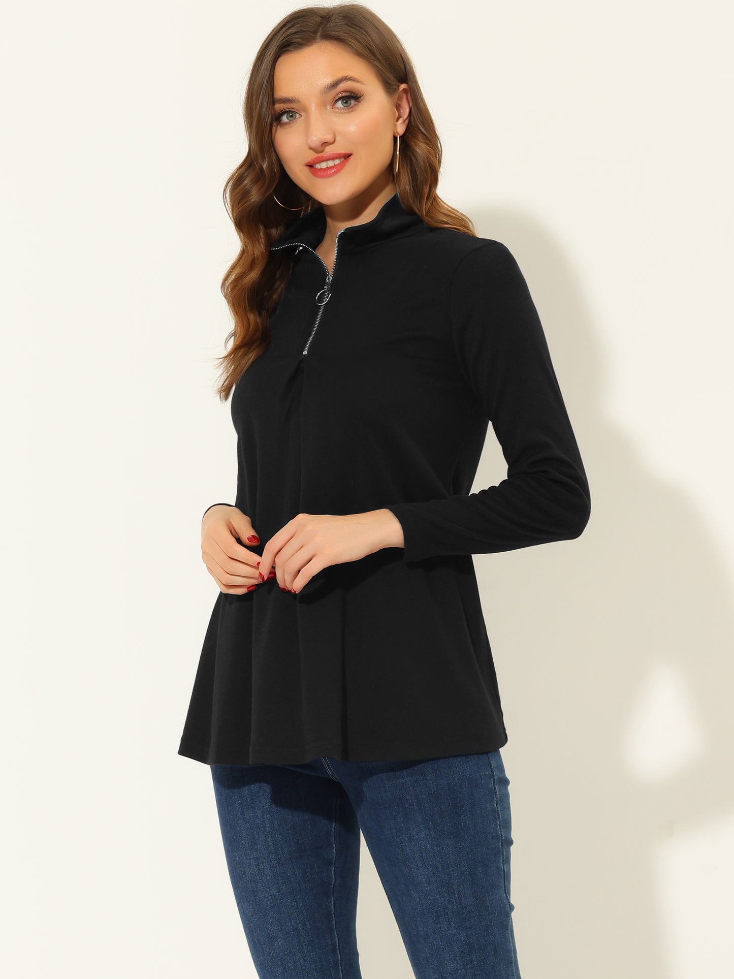 Women's Swing Blouse Mock Neck Long Sleeve Zip Up Tunic Top