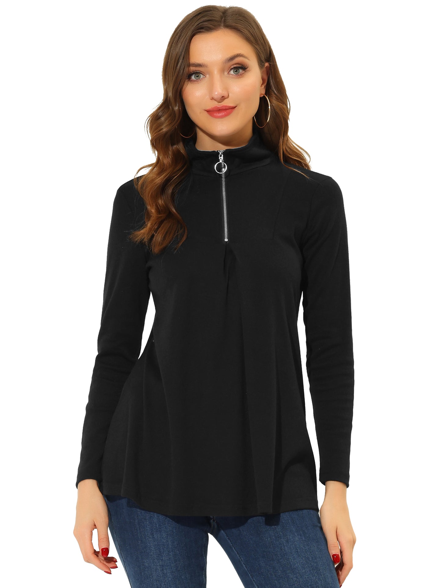 Women's Swing Blouse Mock Neck Long Sleeve Zip Up Tunic Top