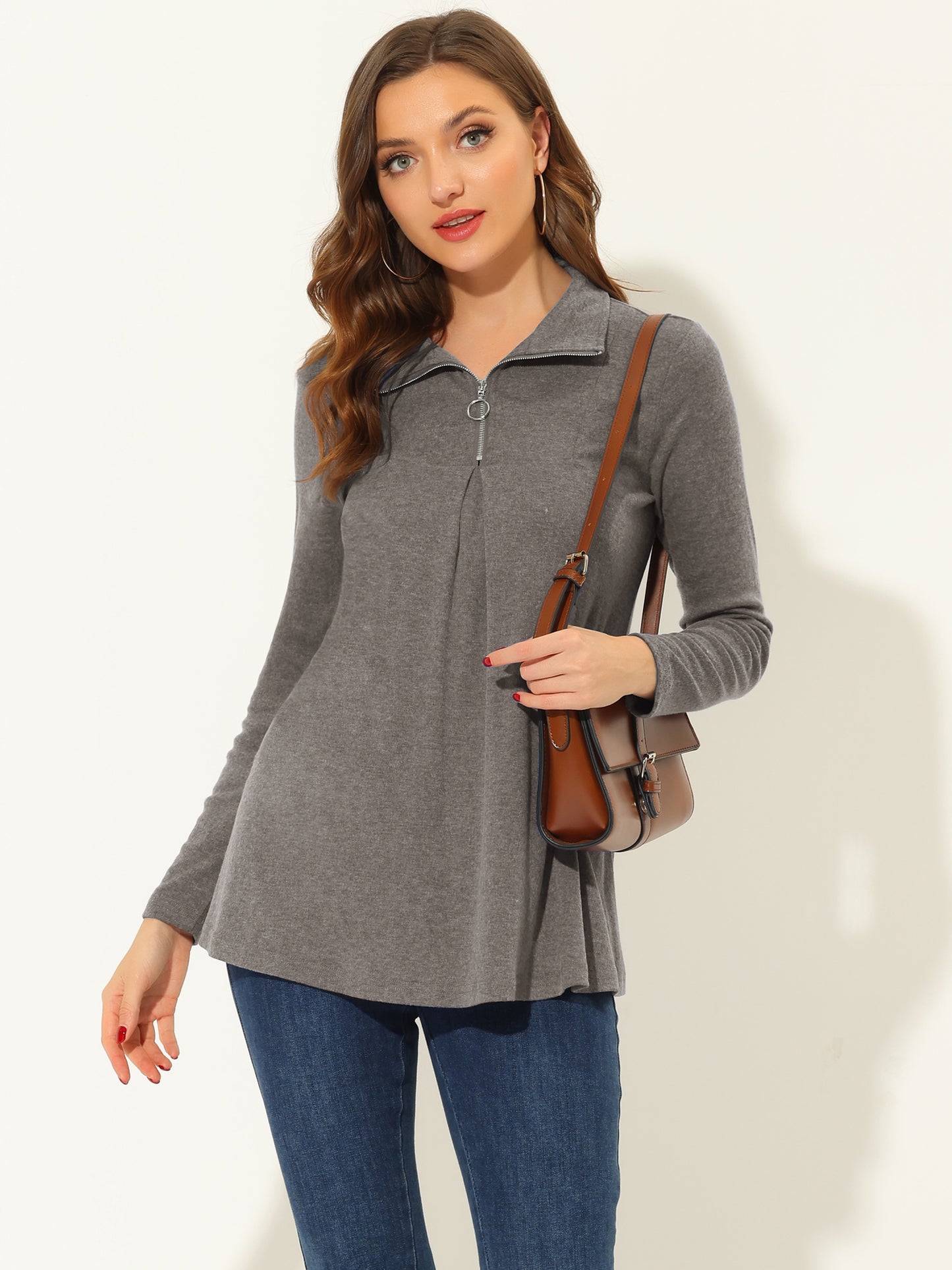 Women's Swing Blouse Mock Neck Long Sleeve Zip Up Tunic Top